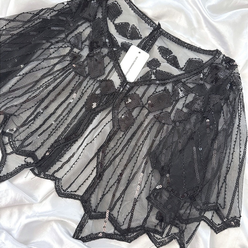 Central Chic Black Sequin Mesh Shrug Capelet Art Deco Evening Wrap NWT